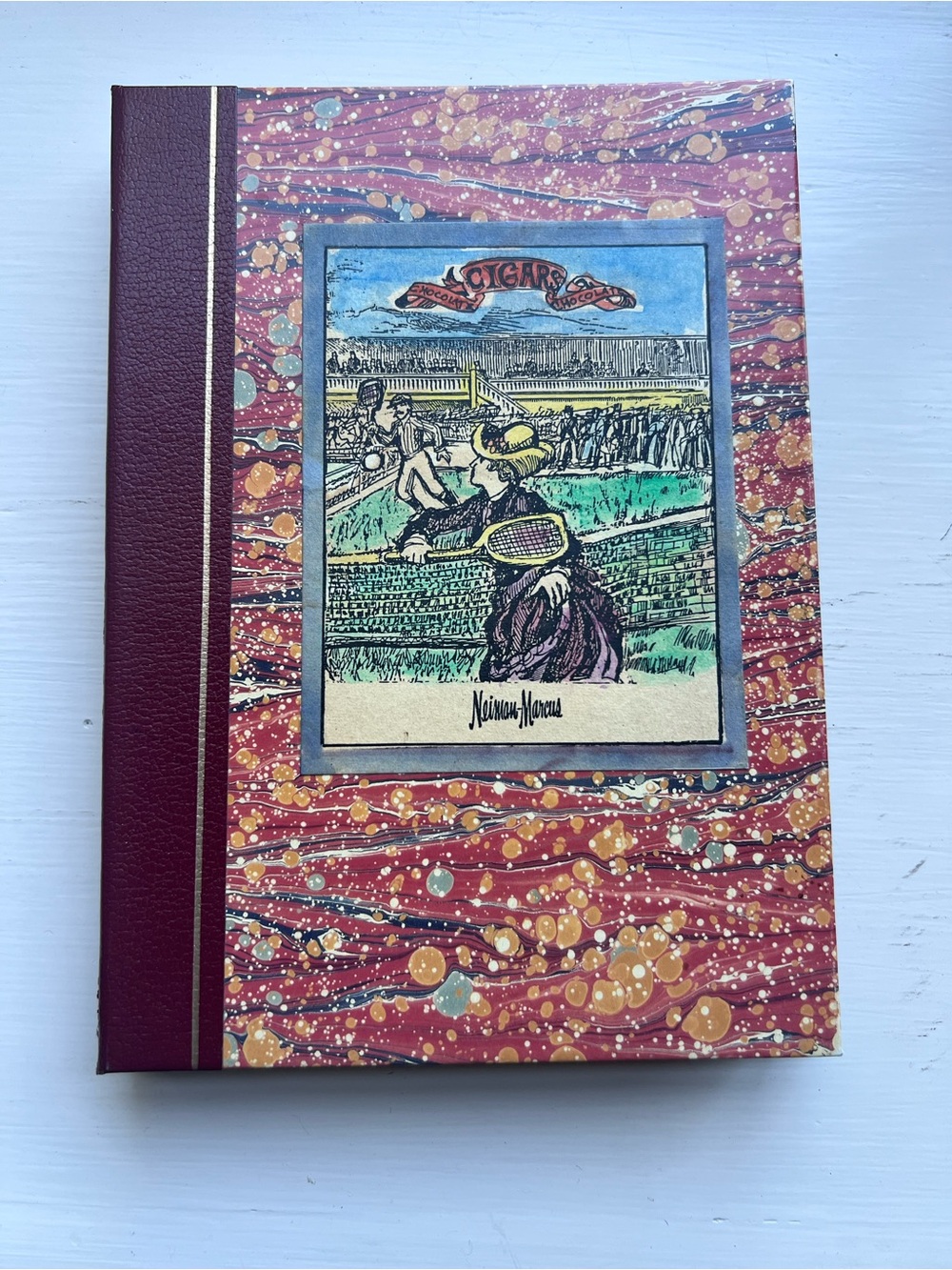 Vintage Neiman Marcus Book Box Victorian Tennis 1889 Chocolate Cigar Wood Tray